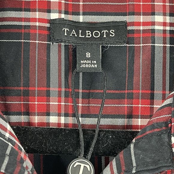 Talbots Top Women 8 Red Black Plaid Ruffle Button Up Blouse Gothic Grunge Twee - Picture 3 of 8